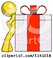 Yellow Design Mascot Man Gift Concept Leaning Against Large Present
