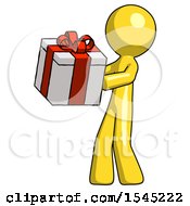 Yellow Design Mascot Man Presenting A Present With Large Red Bow On It