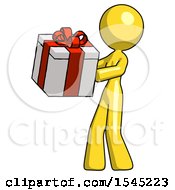 Yellow Design Mascot Woman Presenting A Present With Large Red Bow On It