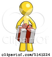 Yellow Design Mascot Man Gifting Present With Large Bow Front View