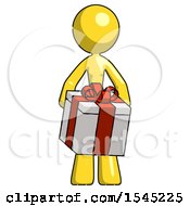 Yellow Design Mascot Woman Gifting Present With Large Bow Front View