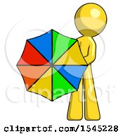 Yellow Design Mascot Man Holding Rainbow Umbrella Out To Viewer