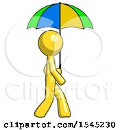 Yellow Design Mascot Man Walking With Colored Umbrella
