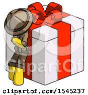 Poster, Art Print Of Yellow Explorer Ranger Man Leaning On Gift With Red Bow Angle View
