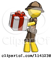Poster, Art Print Of Yellow Explorer Ranger Man Presenting A Present With Large Red Bow On It