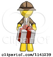 Poster, Art Print Of Yellow Explorer Ranger Man Gifting Present With Large Bow Front View