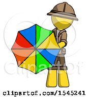 Poster, Art Print Of Yellow Explorer Ranger Man Holding Rainbow Umbrella Out To Viewer