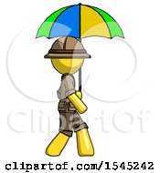 Poster, Art Print Of Yellow Explorer Ranger Man Walking With Colored Umbrella