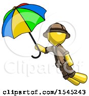 Poster, Art Print Of Yellow Explorer Ranger Man Flying With Rainbow Colored Umbrella