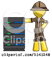 Poster, Art Print Of Yellow Explorer Ranger Man With Server Rack Leaning Confidently Against It
