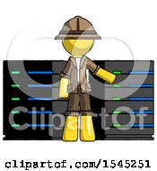 Poster, Art Print Of Yellow Explorer Ranger Man With Server Racks In Front Of Two Networked Systems