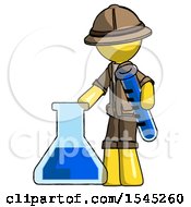 Poster, Art Print Of Yellow Explorer Ranger Man Holding Test Tube Beside Beaker Or Flask