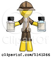 Poster, Art Print Of Yellow Explorer Ranger Man Holding Two Medicine Bottles