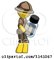Yellow Explorer Ranger Man Holding Glass Medicine Bottle