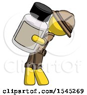 Yellow Explorer Ranger Man Holding Large White Medicine Bottle