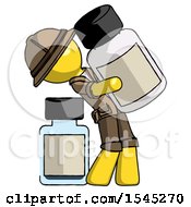 Poster, Art Print Of Yellow Explorer Ranger Man Holding Large White Medicine Bottle With Bottle In Background