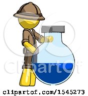 Poster, Art Print Of Yellow Explorer Ranger Man Standing Beside Large Round Flask Or Beaker