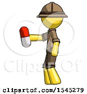 Poster, Art Print Of Yellow Explorer Ranger Man Holding Red Pill Walking To Left