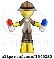 Poster, Art Print Of Yellow Explorer Ranger Man Holding A Red Pill And Blue Pill