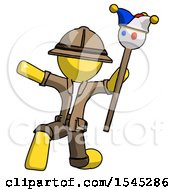 Poster, Art Print Of Yellow Explorer Ranger Man Holding Jester Staff Posing Charismatically