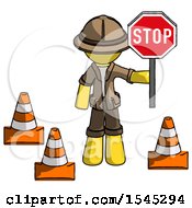 Poster, Art Print Of Yellow Explorer Ranger Man Holding Stop Sign By Traffic Cones Under Construction Concept