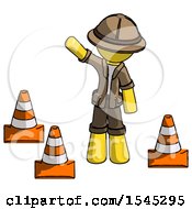 Poster, Art Print Of Yellow Explorer Ranger Man Standing By Traffic Cones Waving