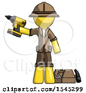 Poster, Art Print Of Yellow Explorer Ranger Man Holding Drill Ready To Work Toolchest And Tools To Right