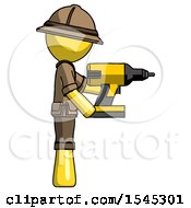 Poster, Art Print Of Yellow Explorer Ranger Man Using Drill Drilling Something On Right Side