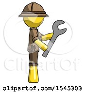Poster, Art Print Of Yellow Explorer Ranger Man Using Wrench Adjusting Something To Right