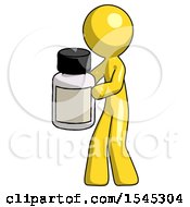 Yellow Design Mascot Man Holding White Medicine Bottle