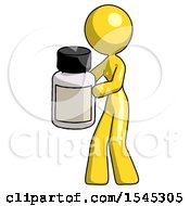 Yellow Design Mascot Woman Holding White Medicine Bottle