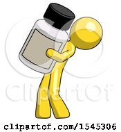 Yellow Design Mascot Man Holding Large White Medicine Bottle