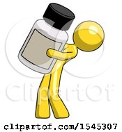 Yellow Design Mascot Woman Holding Large White Medicine Bottle