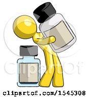 Yellow Design Mascot Man Holding Large White Medicine Bottle With Bottle In Background