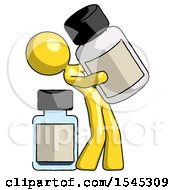 Yellow Design Mascot Woman Holding Large White Medicine Bottle With Bottle In Background