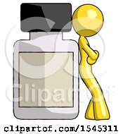 Yellow Design Mascot Woman Leaning Against Large Medicine Bottle