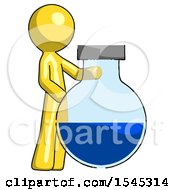 Yellow Design Mascot Man Standing Beside Large Round Flask Or Beaker