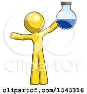 Yellow Design Mascot Man Holding Large Round Flask Or Beaker