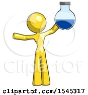 Yellow Design Mascot Woman Holding Large Round Flask Or Beaker