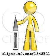 Poster, Art Print Of Yellow Design Mascot Woman Standing With Large Thermometer