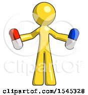 Yellow Design Mascot Man Holding A Red Pill And Blue Pill