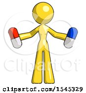 Yellow Design Mascot Woman Holding A Red Pill And Blue Pill