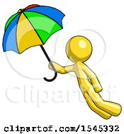 Yellow Design Mascot Man Flying With Rainbow Colored Umbrella