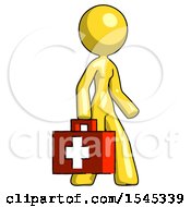 Yellow Design Mascot Woman Walking With Medical Aid Briefcase To Right