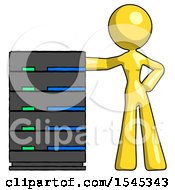 Poster, Art Print Of Yellow Design Mascot Woman With Server Rack Leaning Confidently Against It
