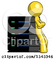 Poster, Art Print Of Yellow Design Mascot Man Resting Against Server Rack Viewed At Angle