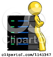 Poster, Art Print Of Yellow Design Mascot Woman Resting Against Server Rack Viewed At Angle