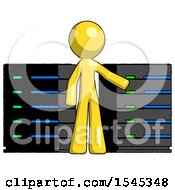 Poster, Art Print Of Yellow Design Mascot Man With Server Racks In Front Of Two Networked Systems