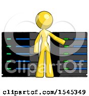 Poster, Art Print Of Yellow Design Mascot Woman With Server Racks In Front Of Two Networked Systems