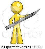 Poster, Art Print Of Yellow Design Mascot Man Holding Large Scalpel